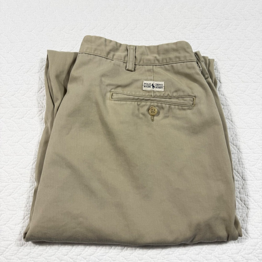Vtg Polo Ralph Lauren Andrew Pant Mens Chinos 36x33 Pleated Cotton Khaki Tan EUC - Picture 1 of 11